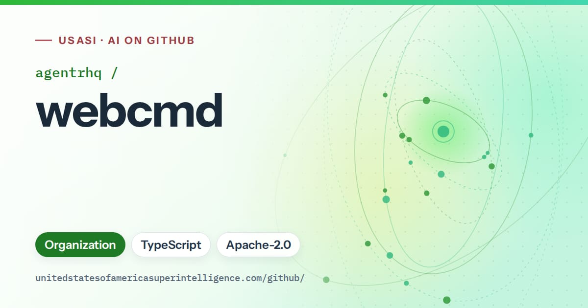 Generated green orbit artwork for agentrhq/webcmd, labeled USASI · AI on GitHub, with Organization · TypeScript · Apache-2.0.