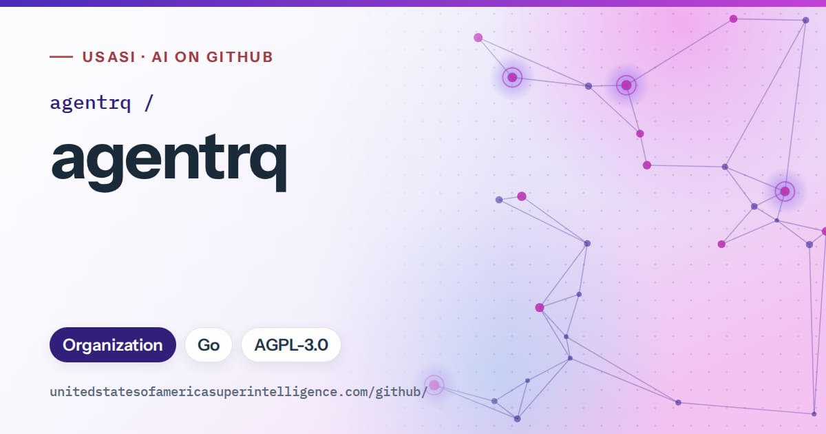 Generated violet constellation network artwork for agentrq/agentrq, labeled USASI · AI on GitHub, with Organization · Go · AGPL-3.0.