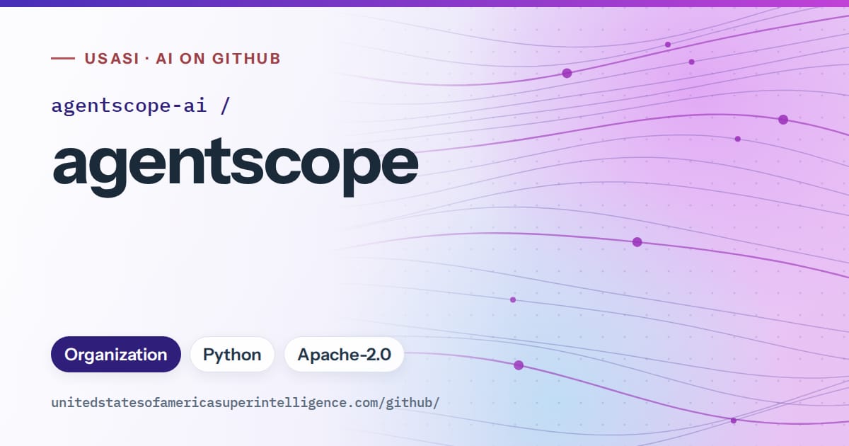 Generated violet flowing-wave artwork for agentscope-ai/agentscope, labeled USASI · AI on GitHub, with Organization · Python · Apache-2.0.