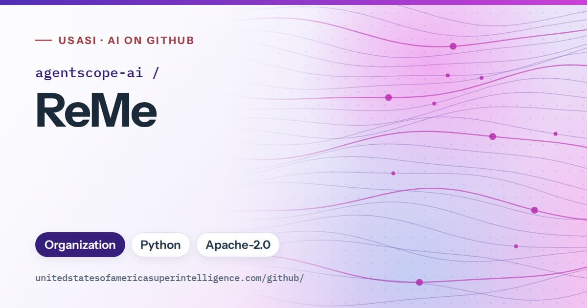 Generated violet flowing-wave artwork for agentscope-ai/ReMe, labeled USASI · AI on GitHub, with Organization · Python · Apache-2.0.