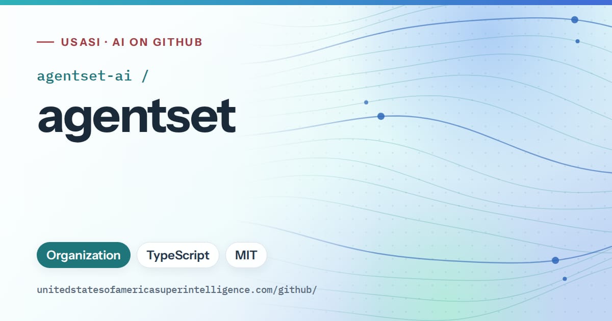 Generated teal flowing-wave artwork for agentset-ai/agentset, labeled USASI · AI on GitHub, with Organization · TypeScript · MIT.