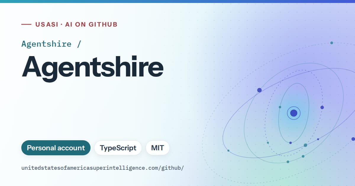 Generated sky blue orbit artwork for Agentshire/Agentshire, labeled USASI · AI on GitHub, with Personal account · TypeScript · MIT.