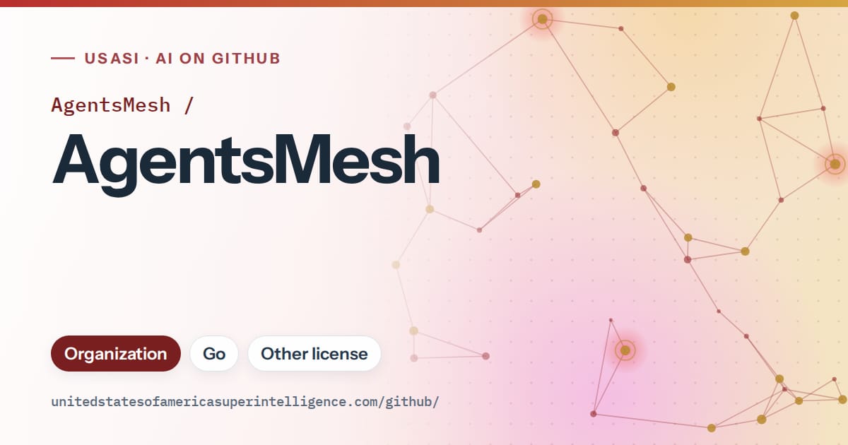 Generated red constellation network artwork for AgentsMesh/AgentsMesh, labeled USASI · AI on GitHub, with Organization · Go · Other license.