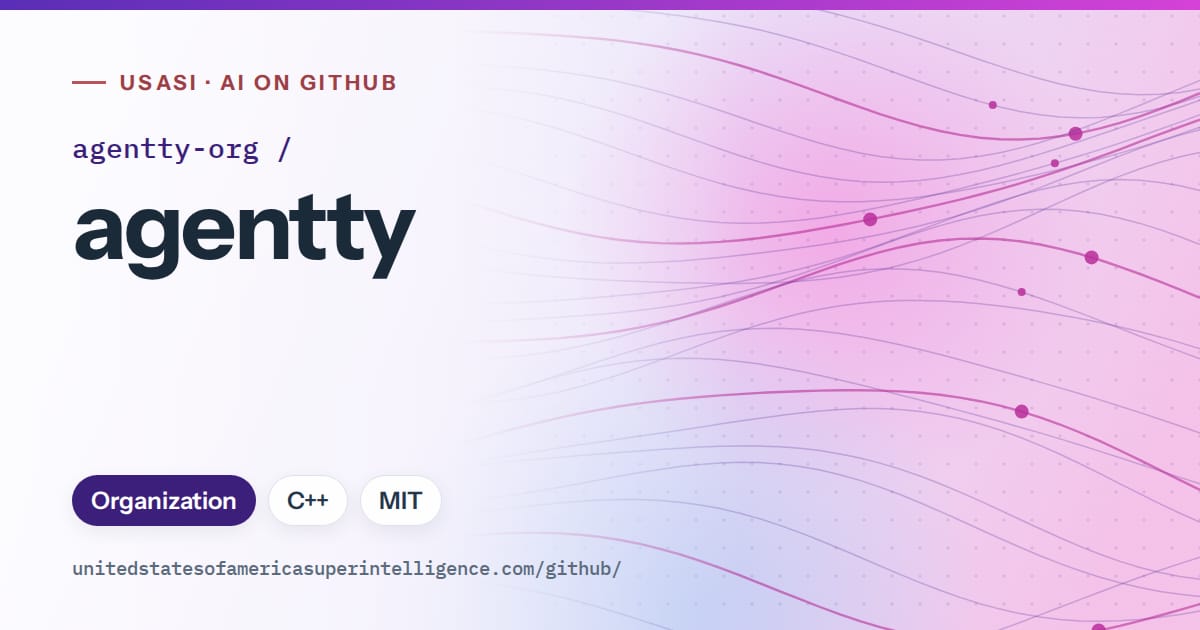 Generated violet flowing-wave artwork for agentty-org/agentty, labeled USASI · AI on GitHub, with Organization · C++ · MIT.