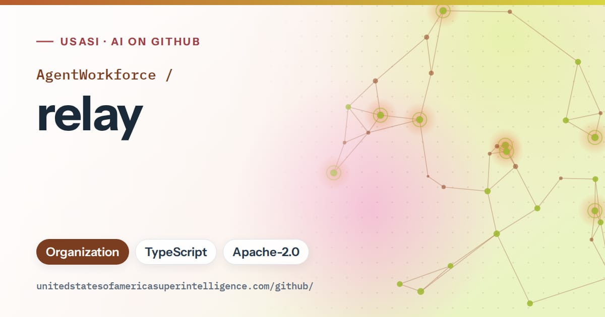 Generated orange constellation network artwork for AgentWorkforce/relay, labeled USASI · AI on GitHub, with Organization · TypeScript · Apache-2.0.