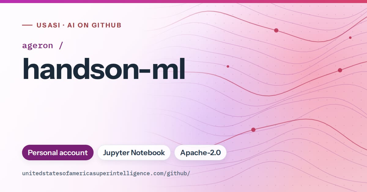 Generated purple flowing-wave artwork for ageron/handson-ml, labeled USASI · AI on GitHub, with Personal account · Jupyter Notebook · Apache-2.0.