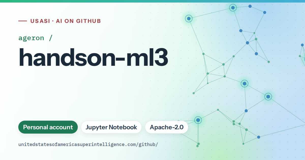 Generated teal constellation network artwork for ageron/handson-ml3, labeled USASI · AI on GitHub, with Personal account · Jupyter Notebook · Apache-2.0.