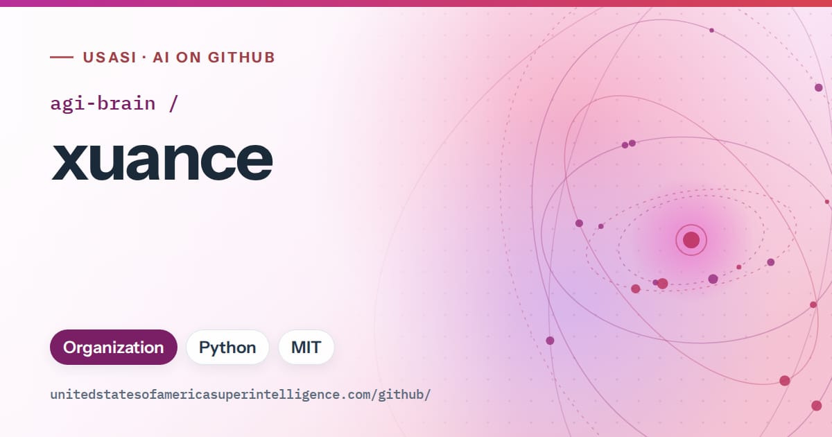 Generated purple orbit artwork for agi-brain/xuance, labeled USASI · AI on GitHub, with Organization · Python · MIT.
