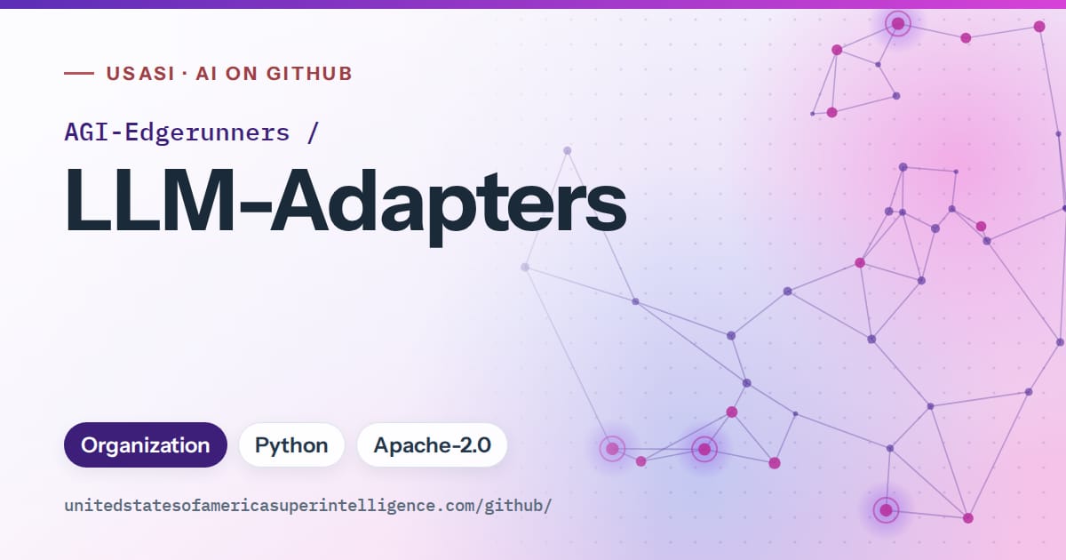 Generated violet constellation network artwork for AGI-Edgerunners/LLM-Adapters, labeled USASI · AI on GitHub, with Organization · Python · Apache-2.0.