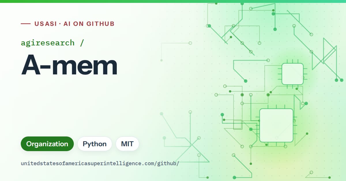 Generated green circuit-trace artwork for agiresearch/A-mem, labeled USASI · AI on GitHub, with Organization · Python · MIT.