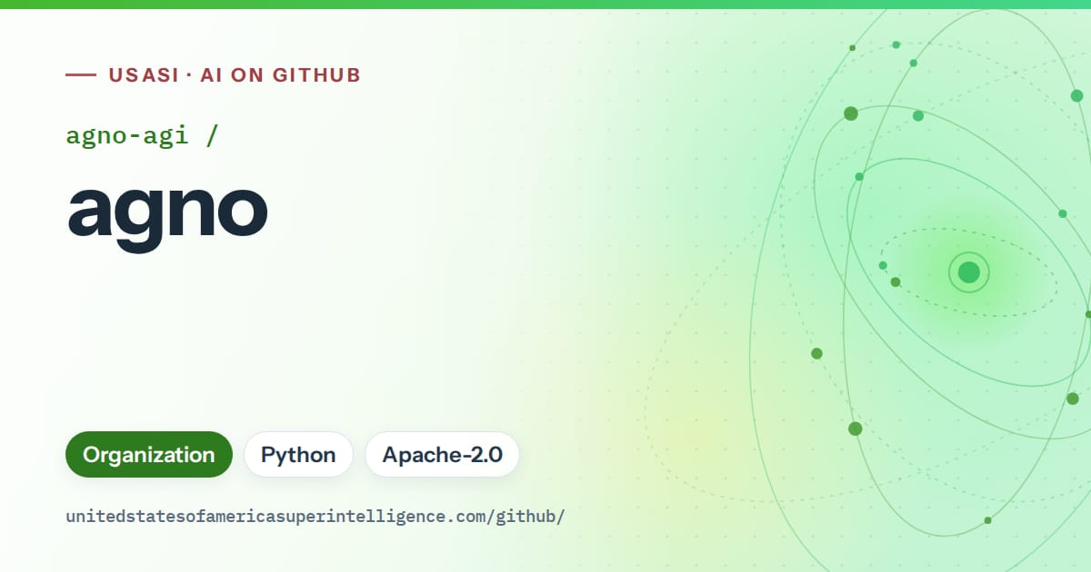 Generated green orbit artwork for agno-agi/agno, labeled USASI · AI on GitHub, with Organization · Python · Apache-2.0.