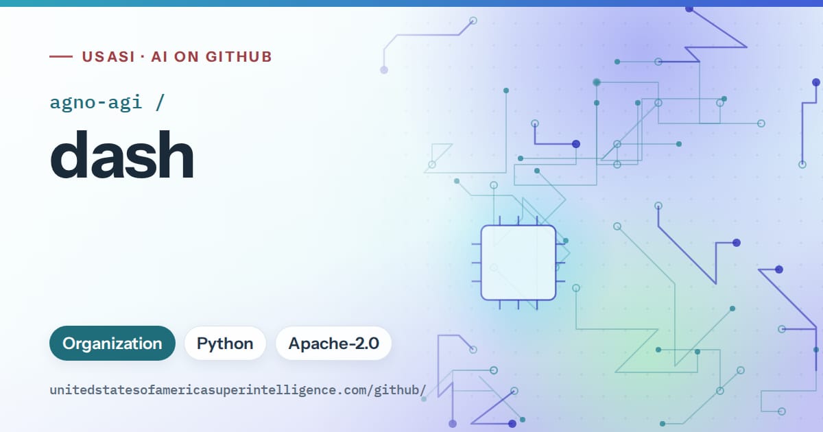 Generated teal circuit-trace artwork for agno-agi/dash, labeled USASI · AI on GitHub, with Organization · Python · Apache-2.0.