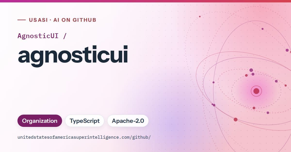 Generated purple orbit artwork for AgnosticUI/agnosticui, labeled USASI · AI on GitHub, with Organization · TypeScript · Apache-2.0.