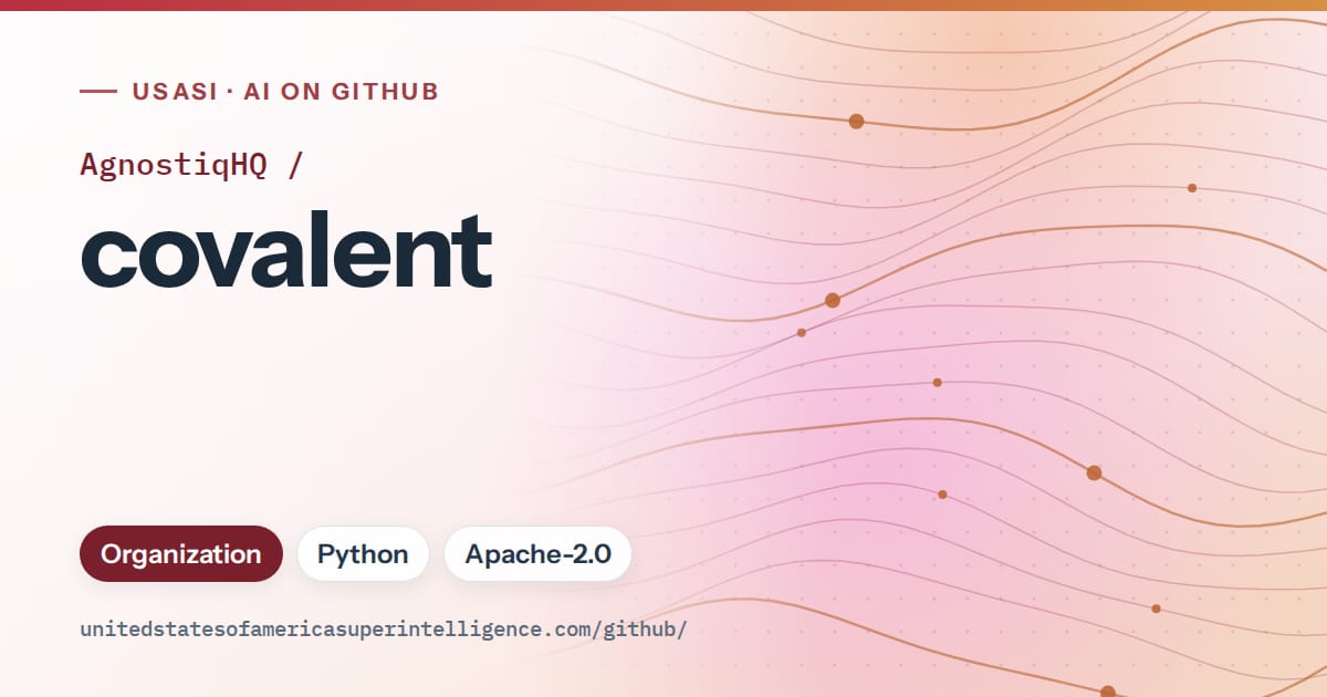 Generated red flowing-wave artwork for AgnostiqHQ/covalent, labeled USASI · AI on GitHub, with Organization · Python · Apache-2.0.