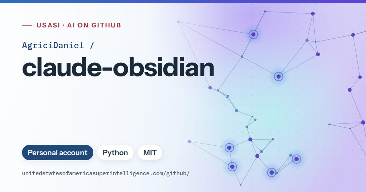 Generated sky blue constellation network artwork for AgriciDaniel/claude-obsidian, labeled USASI · AI on GitHub, with Personal account · Python · MIT.