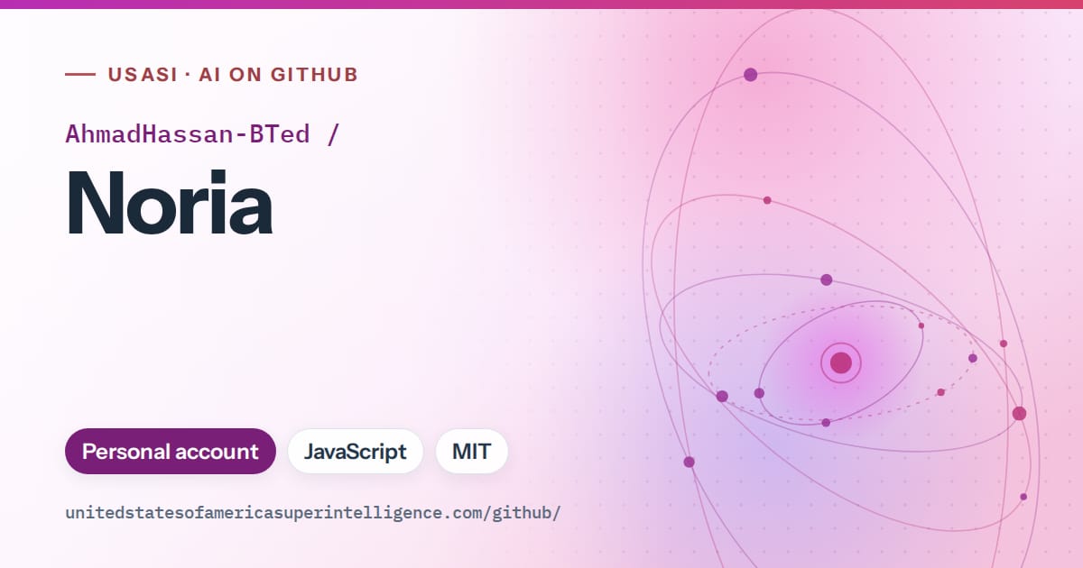 Generated purple orbit artwork for AhmadHassan-BTed/Noria, labeled USASI · AI on GitHub, with Personal account · JavaScript · MIT.