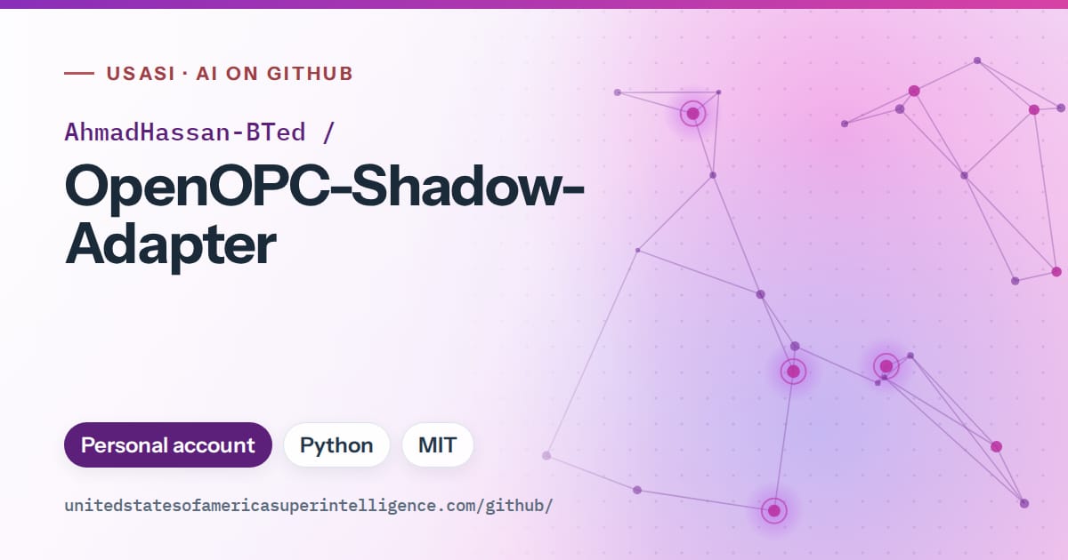 Generated violet constellation network artwork for AhmadHassan-BTed/OpenOPC-Shadow-Adapter, labeled USASI · AI on GitHub, with Personal account · Python · MIT.