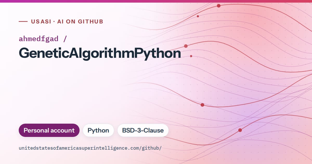 Generated purple flowing-wave artwork for ahmedfgad/GeneticAlgorithmPython, labeled USASI · AI on GitHub, with Personal account · Python · BSD-3-Clause.