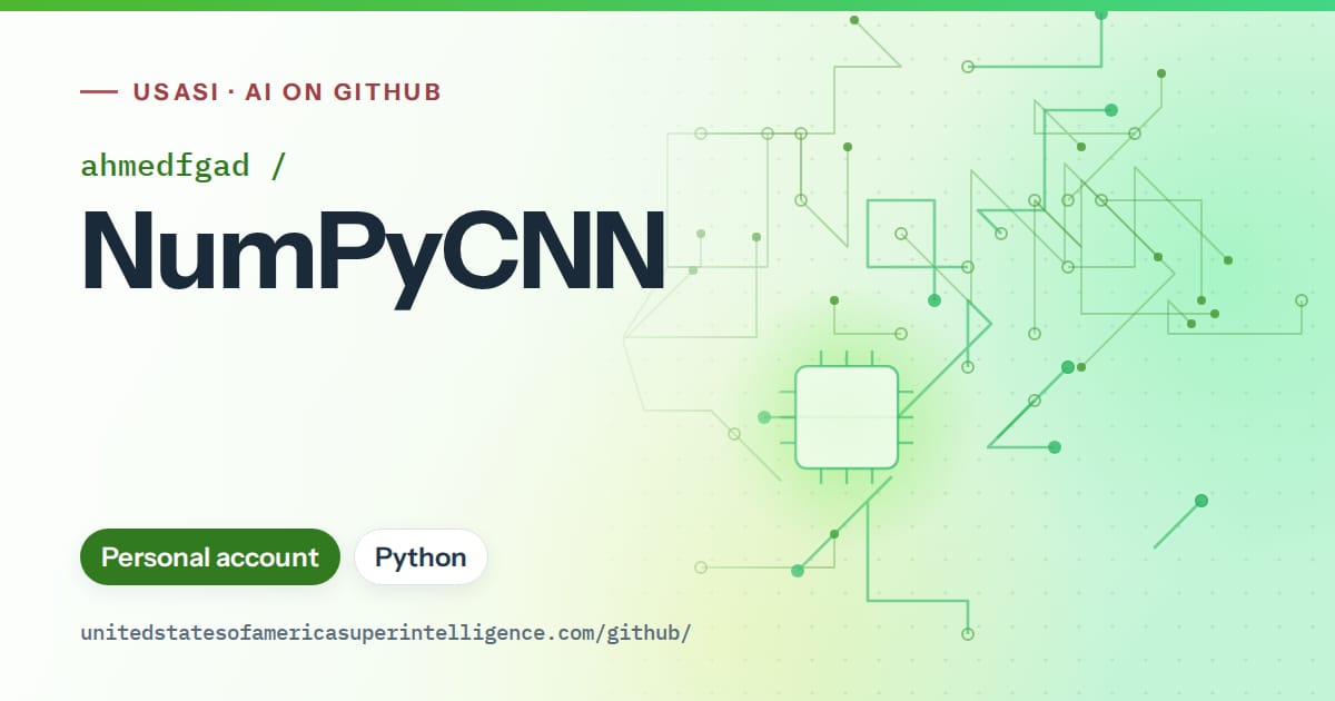 Generated green circuit-trace artwork for ahmedfgad/NumPyCNN, labeled USASI · AI on GitHub, with Personal account · Python.