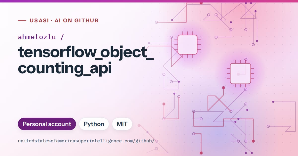 Generated purple circuit-trace artwork for ahmetozlu/tensorflow_object_counting_api, labeled USASI · AI on GitHub, with Personal account · Python · MIT.