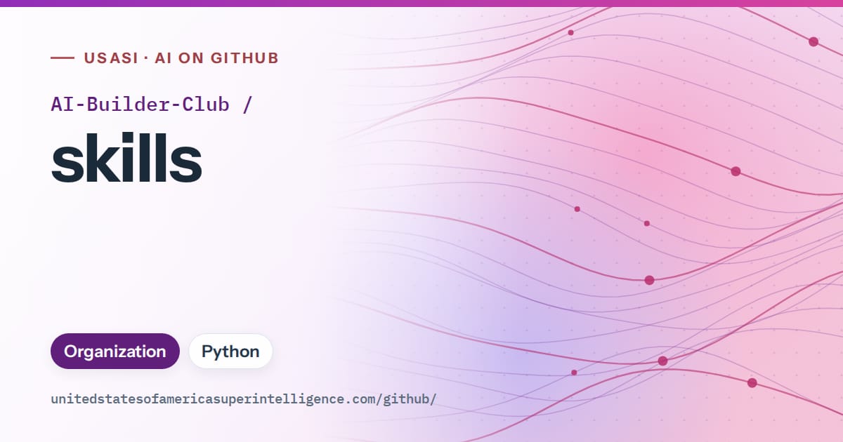 Generated violet flowing-wave artwork for AI-Builder-Club/skills, labeled USASI · AI on GitHub, with Organization · Python.