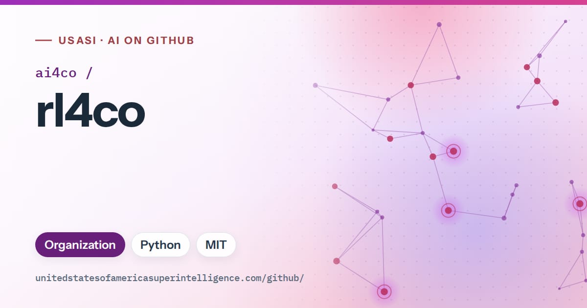 Generated purple constellation network artwork for ai4co/rl4co, labeled USASI · AI on GitHub, with Organization · Python · MIT.