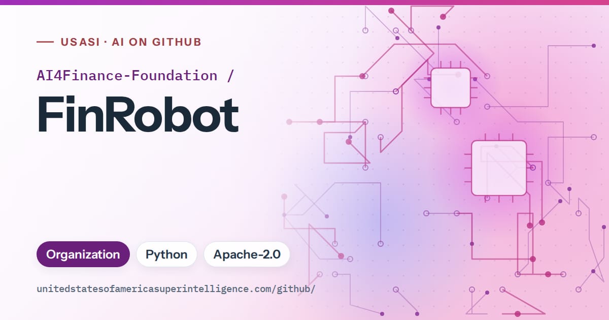 Generated purple circuit-trace artwork for AI4Finance-Foundation/FinRobot, labeled USASI · AI on GitHub, with Organization · Python · Apache-2.0.