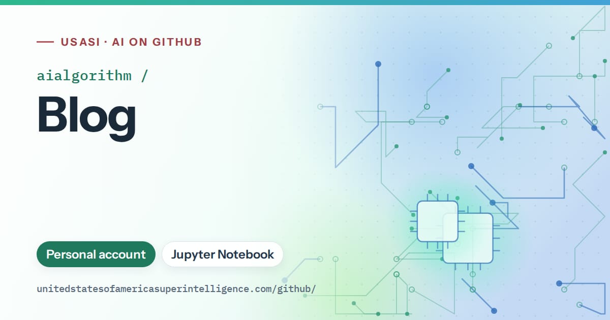 Generated teal circuit-trace artwork for aialgorithm/Blog, labeled USASI · AI on GitHub, with Personal account · Jupyter Notebook.