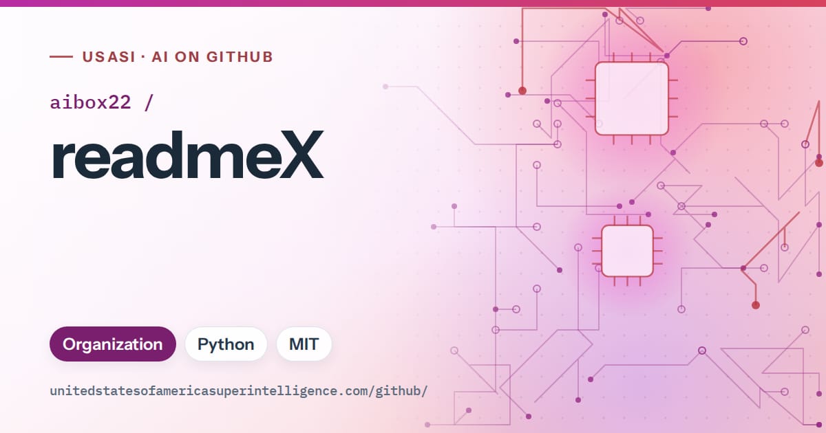 Generated purple circuit-trace artwork for aibox22/readmeX, labeled USASI · AI on GitHub, with Organization · Python · MIT.