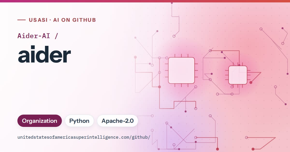 Generated pink circuit-trace artwork for Aider-AI/aider, labeled USASI · AI on GitHub, with Organization · Python · Apache-2.0.
