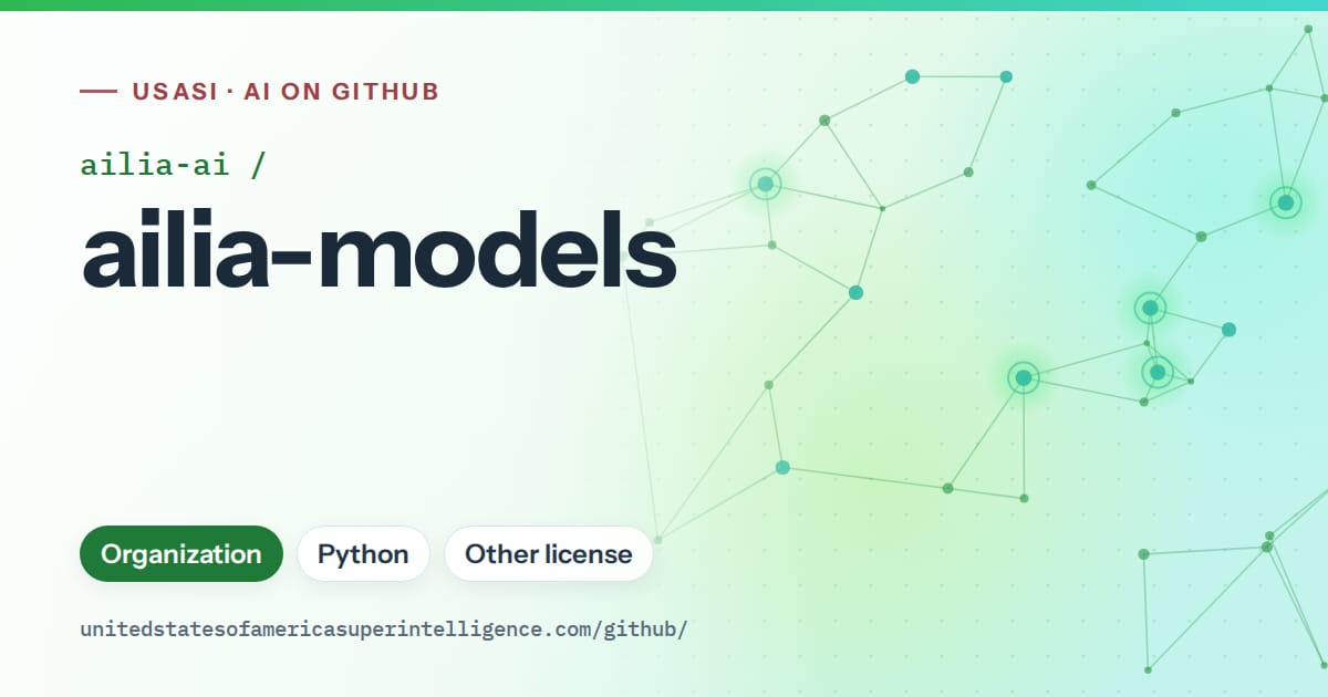 Generated green constellation network artwork for ailia-ai/ailia-models, labeled USASI · AI on GitHub, with Organization · Python · Other license.