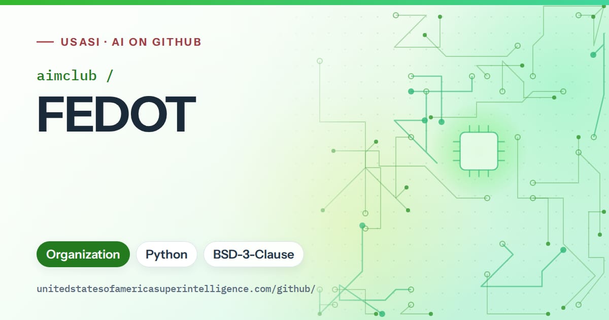 Generated green circuit-trace artwork for aimclub/FEDOT, labeled USASI · AI on GitHub, with Organization · Python · BSD-3-Clause.