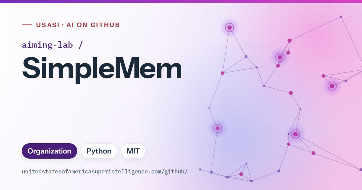 Generated violet constellation network artwork for aiming-lab/SimpleMem, labeled USASI · AI on GitHub, with Organization · Python · MIT.
