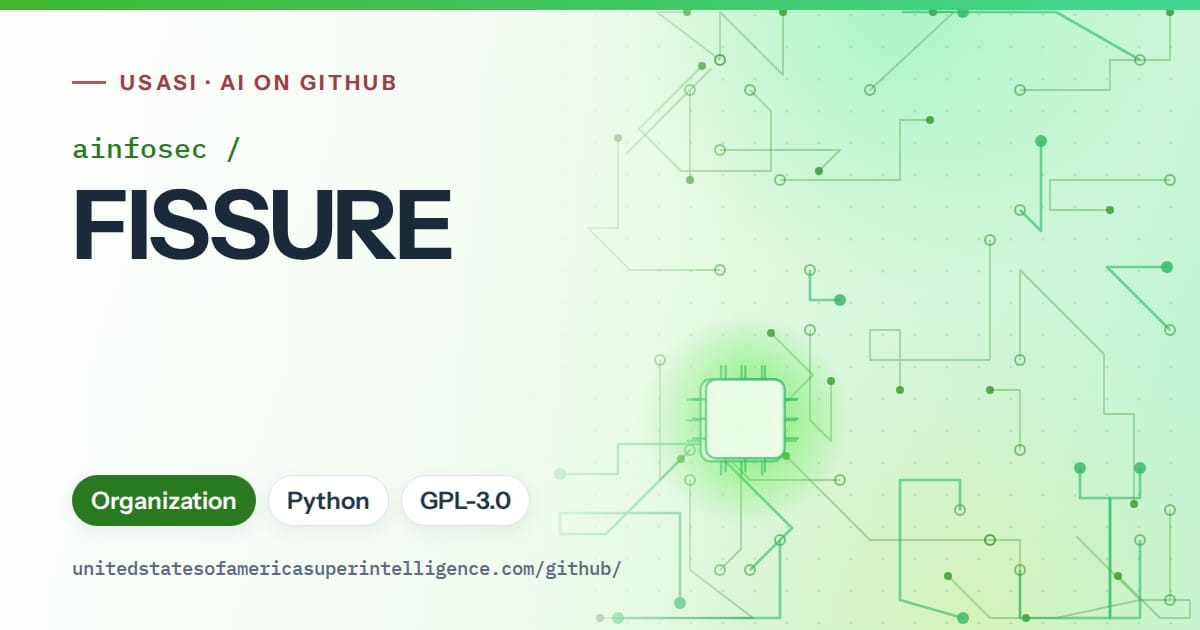 Generated green circuit-trace artwork for ainfosec/FISSURE, labeled USASI · AI on GitHub, with Organization · Python · GPL-3.0.