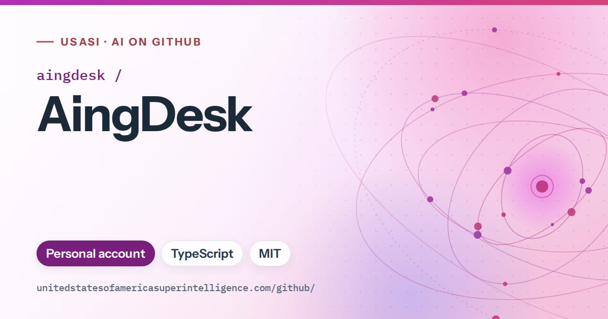 Generated purple orbit artwork for aingdesk/AingDesk, labeled USASI · AI on GitHub, with Personal account · TypeScript · MIT.