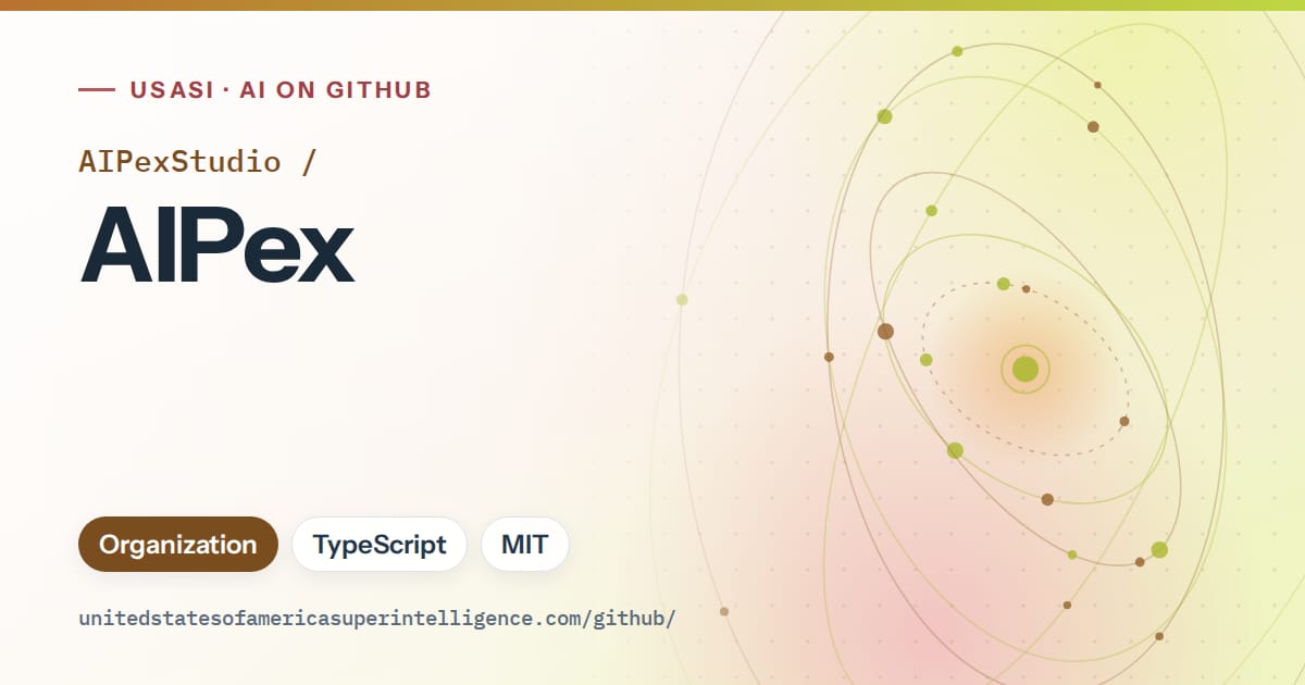 Generated orange orbit artwork for AIPexStudio/AIPex, labeled USASI · AI on GitHub, with Organization · TypeScript · MIT.