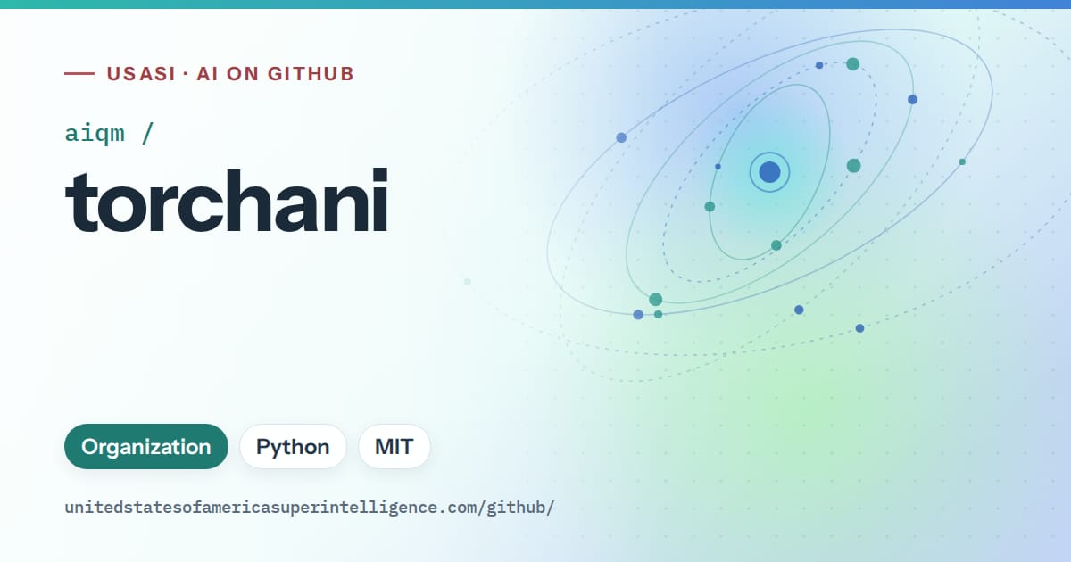 Generated teal orbit artwork for aiqm/torchani, labeled USASI · AI on GitHub, with Organization · Python · MIT.