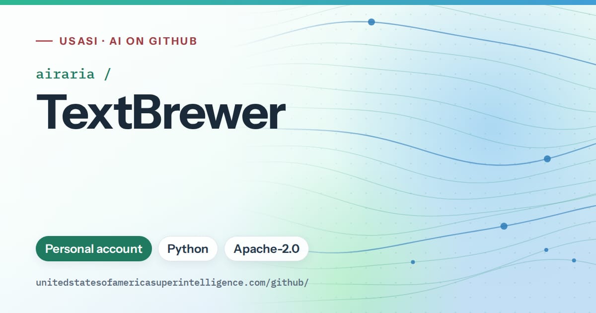 Generated teal flowing-wave artwork for airaria/TextBrewer, labeled USASI · AI on GitHub, with Personal account · Python · Apache-2.0.