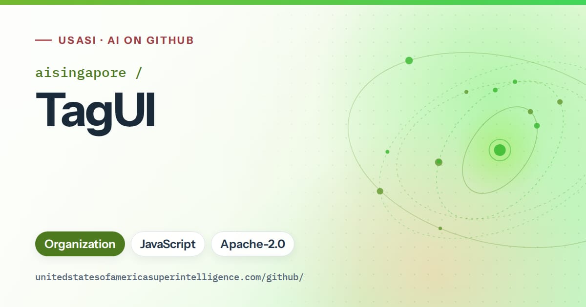 Generated green orbit artwork for aisingapore/TagUI, labeled USASI · AI on GitHub, with Organization · JavaScript · Apache-2.0.