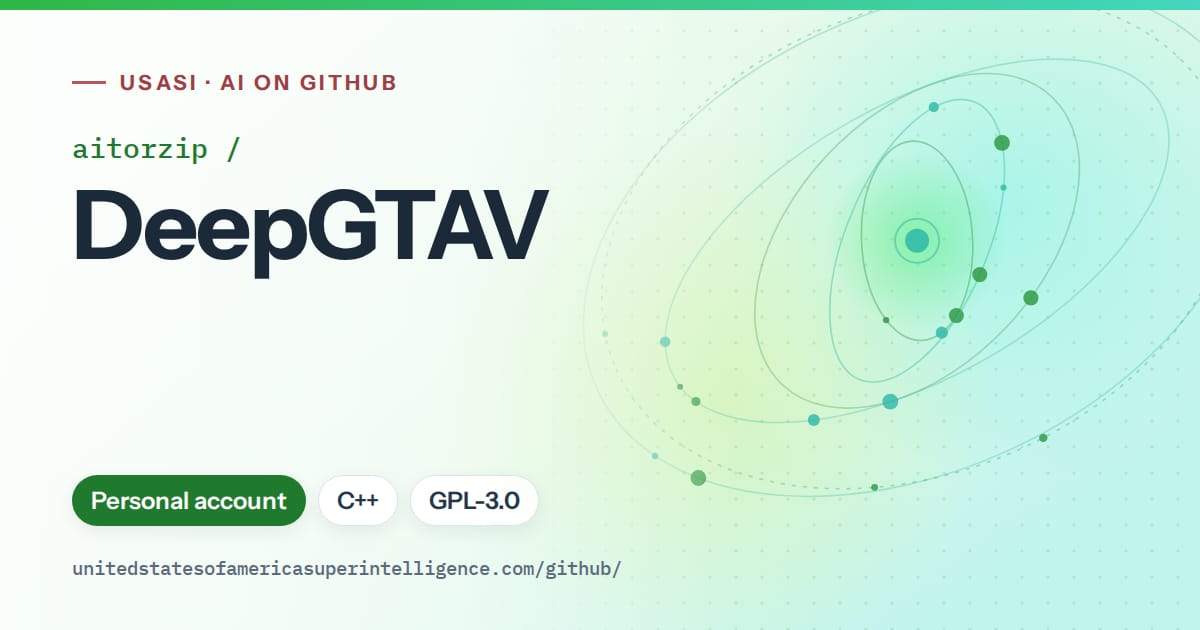 Generated green orbit artwork for aitorzip/DeepGTAV, labeled USASI · AI on GitHub, with Personal account · C++ · GPL-3.0.