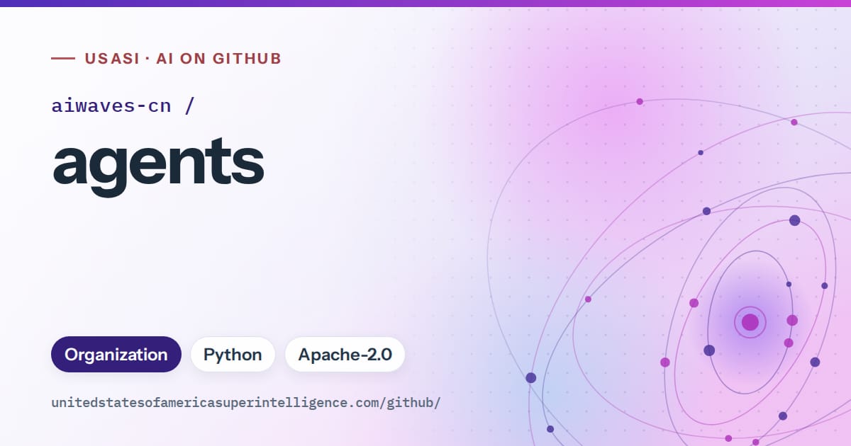 Generated violet orbit artwork for aiwaves-cn/agents, labeled USASI · AI on GitHub, with Organization · Python · Apache-2.0.