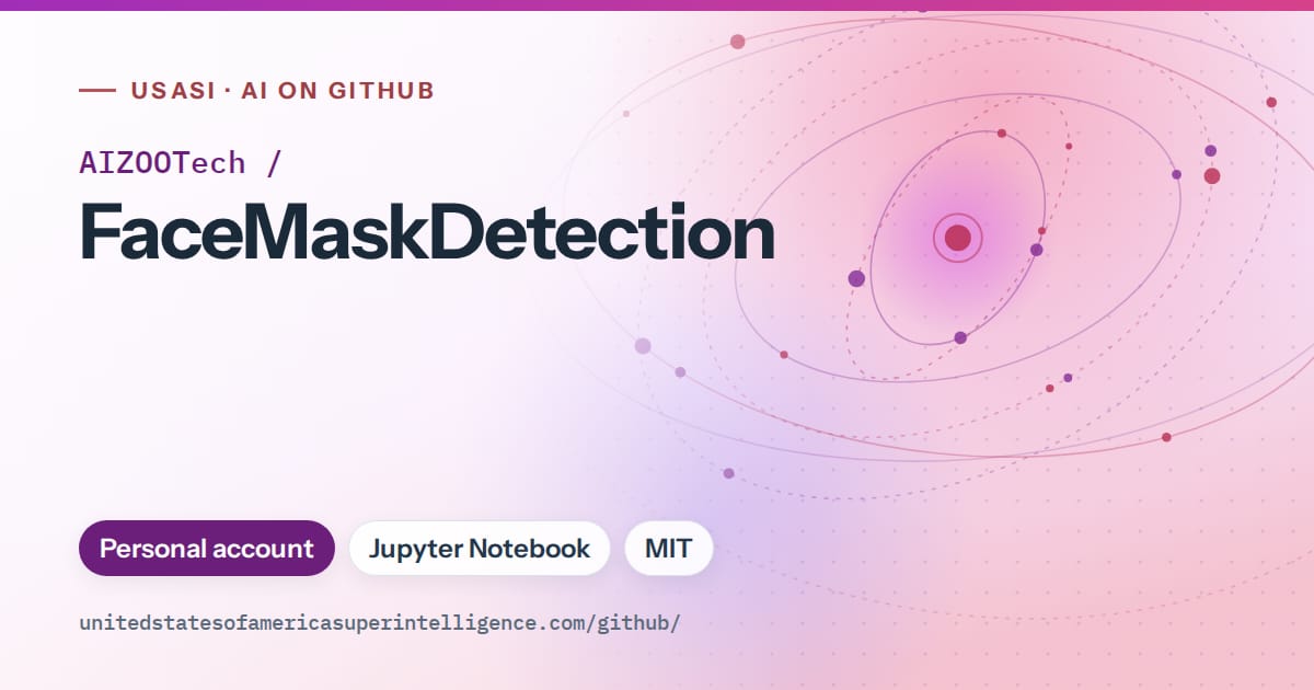 Generated purple orbit artwork for AIZOOTech/FaceMaskDetection, labeled USASI · AI on GitHub, with Personal account · Jupyter Notebook · MIT.