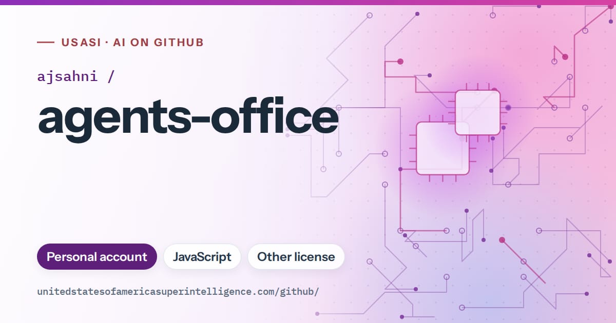 Generated violet circuit-trace artwork for ajsahni/agents-office, labeled USASI · AI on GitHub, with Personal account · JavaScript · Other license.