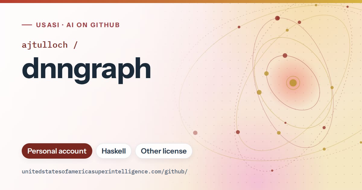Generated red orbit artwork for ajtulloch/dnngraph, labeled USASI · AI on GitHub, with Personal account · Haskell · Other license.