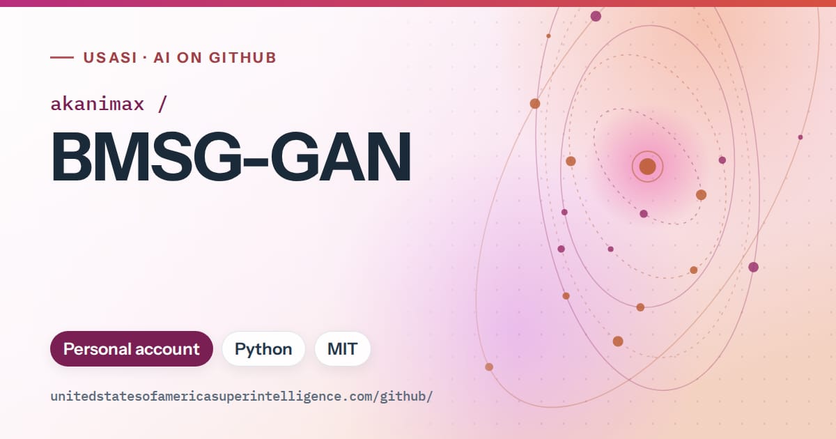 Generated pink orbit artwork for akanimax/BMSG-GAN, labeled USASI · AI on GitHub, with Personal account · Python · MIT.