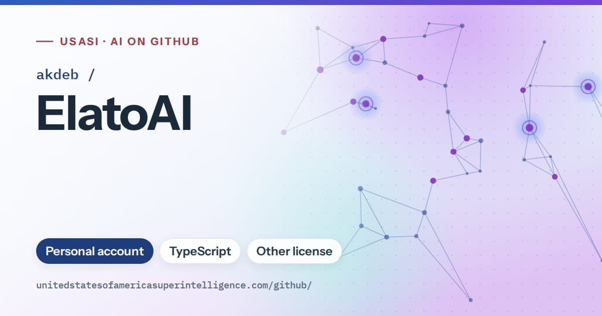 Generated blue constellation network artwork for akdeb/ElatoAI, labeled USASI · AI on GitHub, with Personal account · TypeScript · Other license.
