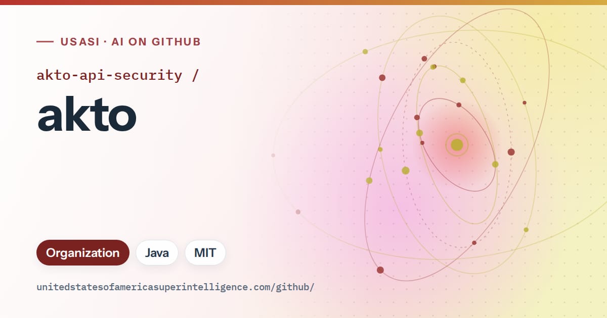 Generated red orbit artwork for akto-api-security/akto, labeled USASI · AI on GitHub, with Organization · Java · MIT.