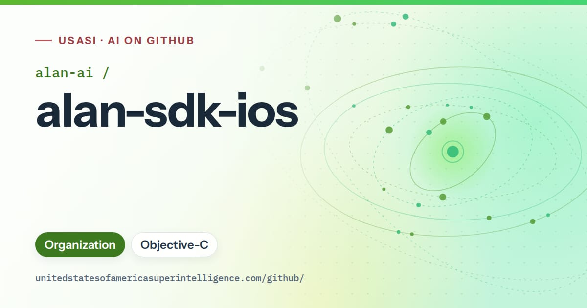 Generated green orbit artwork for alan-ai/alan-sdk-ios, labeled USASI · AI on GitHub, with Organization · Objective-C.