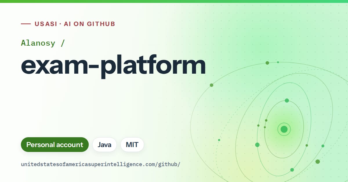Generated green orbit artwork for Alanosy/exam-platform, labeled USASI · AI on GitHub, with Personal account · Java · MIT.