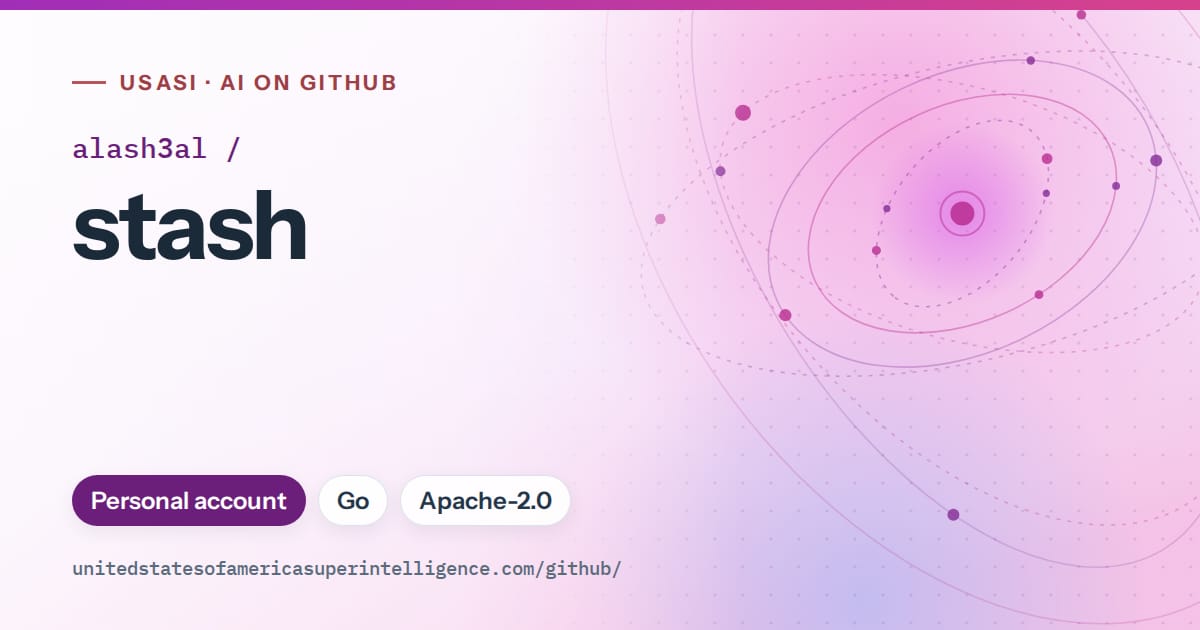 Generated purple orbit artwork for alash3al/stash, labeled USASI · AI on GitHub, with Personal account · Go · Apache-2.0.